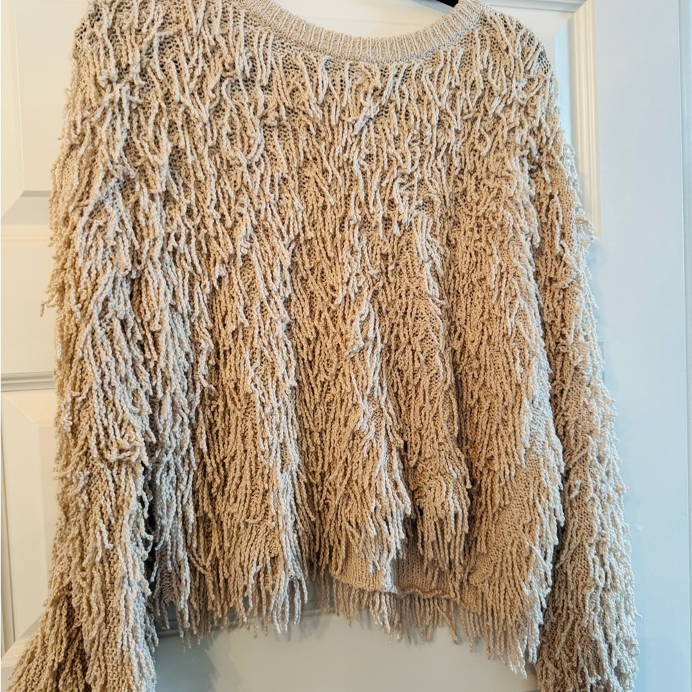 A.L.C. Tan Crew Neck Sweater with Shaggy Texture